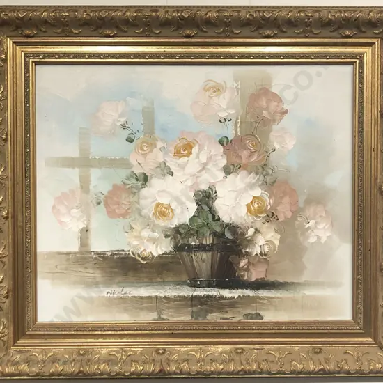 Gilt Framed Floral Still Life with Pink Roses - Oil on Canvas