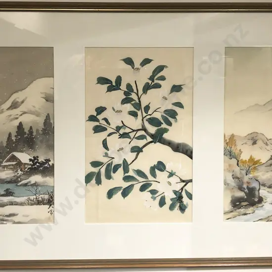 Three Handpainted Asian Artworks on Silk  Framed as One