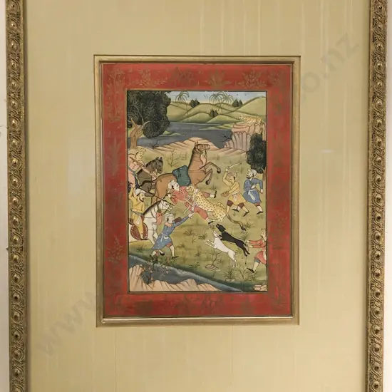 Moghul School Painting on Silk of Leopard Hunt