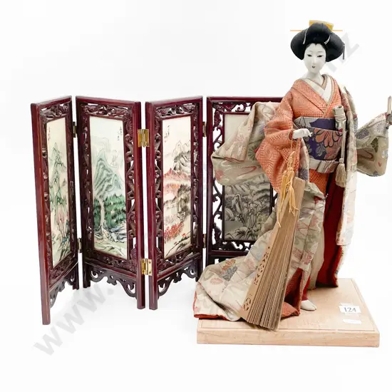 Japanese Doll on Stand Together with Small Table Screen