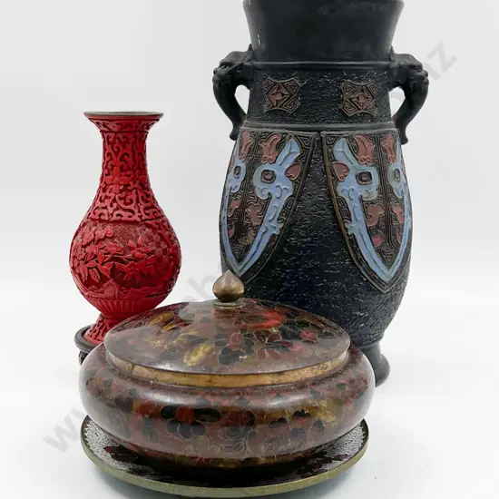 Two Pieces of Cloisonne Together With Cinnabar Lacqeur Vase & Other Vase
