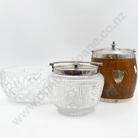 Oak & S/P Biscuit Barrel with Ceramic Liner Together With Pressed Glass Biscuit Barrel etc