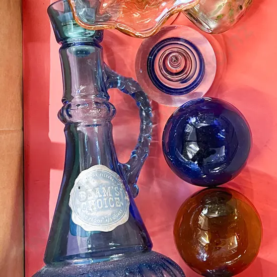 Small Quantity of Assorted Art Glass Together With Beams Choice Blue Glass Decanter