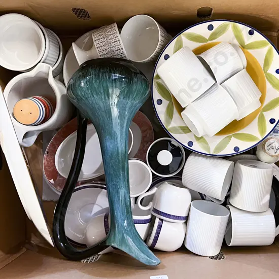 Box of Assorted China & Crockery Together With Blue Mountain Ewer