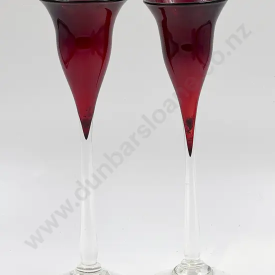 Pair of L. Campbell Signed Ruby Glass Flutes