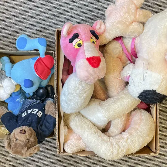 Two Boxes of Assorted Soft Toys Including Large Pink Panther