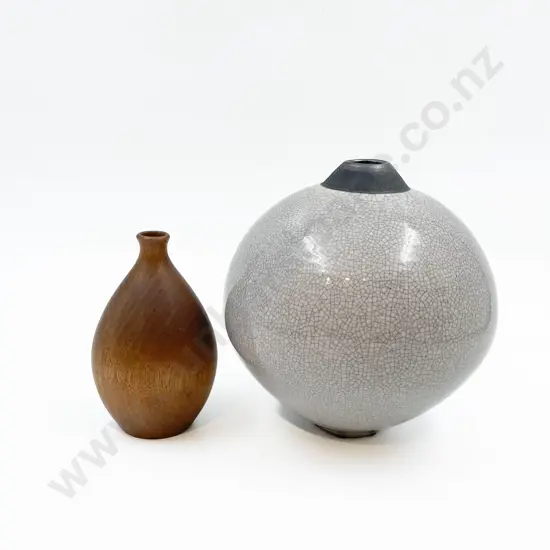 Pottery Ovoid Vase Together With Turned Wood Vase