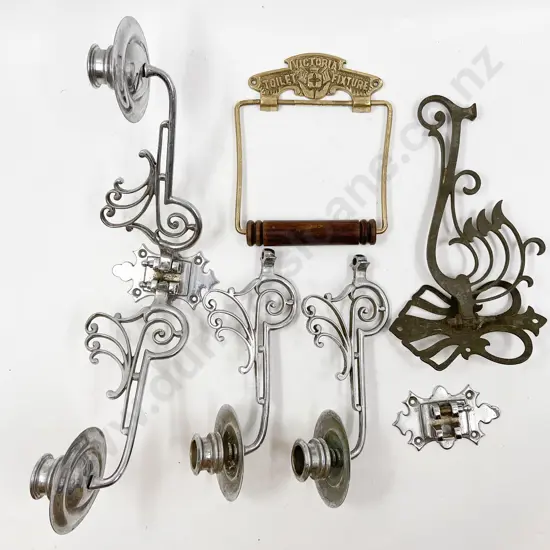 Box of Assorted Metalware Including Piano Sconses