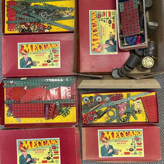 Quantity Vintage Meccano with Four Accessory Outfit Boxes
