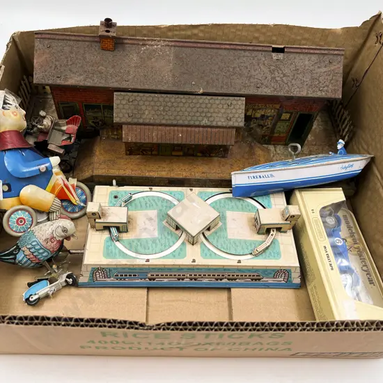 Assorted Toys including Tinplate Clockwork Hornby Station (rusted)