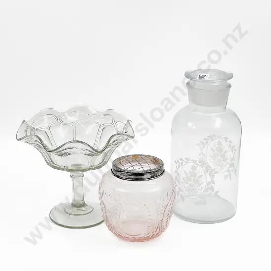 Pressed Glass Comport together with Vase & Glass Jar