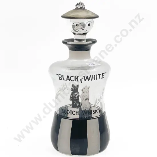 Vintage Hand-painted Black & White Scotch Whisky Glass Advertising Decanter