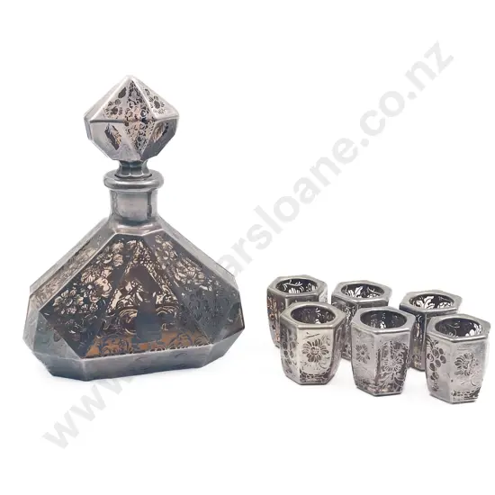 Smoked Glass Decanter with Decorative Silver Overlay and Six Matching Liqueur Glasses