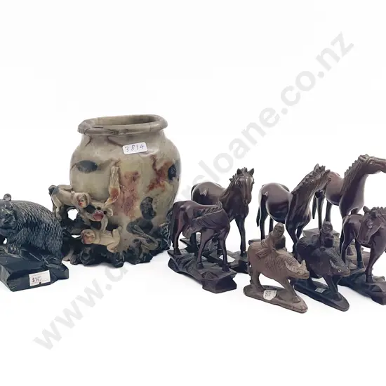 Quantity of Assorted Carved Animal Ornaments Together with Soap Stone Vase