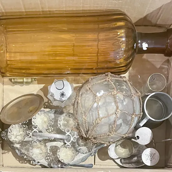 Box of Assorted Including Large Amber Glass Bottle and Small Glass Buoy etc