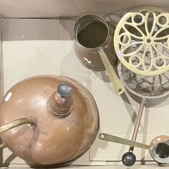 Box of Assorted Metal Ware Including Copper Measures and Brass Trivet