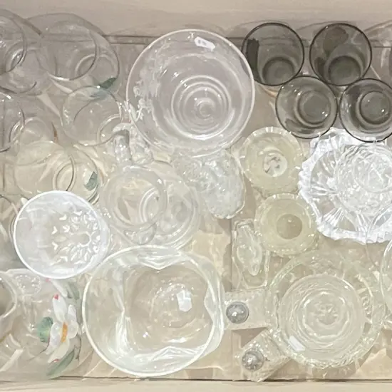 Box of Assorted Crystal and Glassware Including Lemonade Set and Hollow Stemmed Champagne Glass