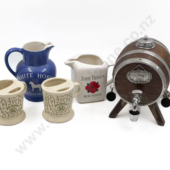 Small Whiskey Keg with Four Assorted Whiskey Advertising Cups/Jugs