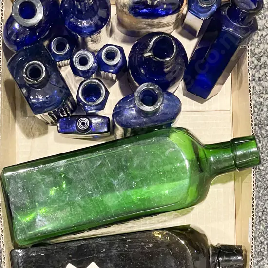 Box of Assorted Vintage Coloured Bottles