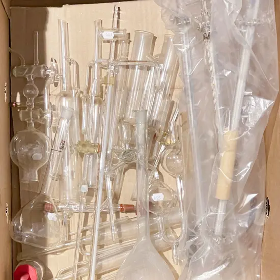 Box of Assorted Glass Chemistry Implements