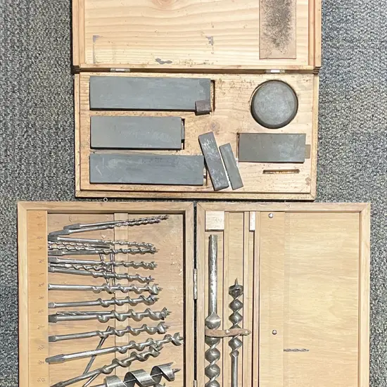 Fitted Wooden Case of Sharpening Stones with Case of Assorted Drill Bits