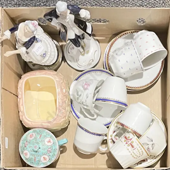 Various Teacups and Saucers with Other Pottery and Two Royal Dux Figures