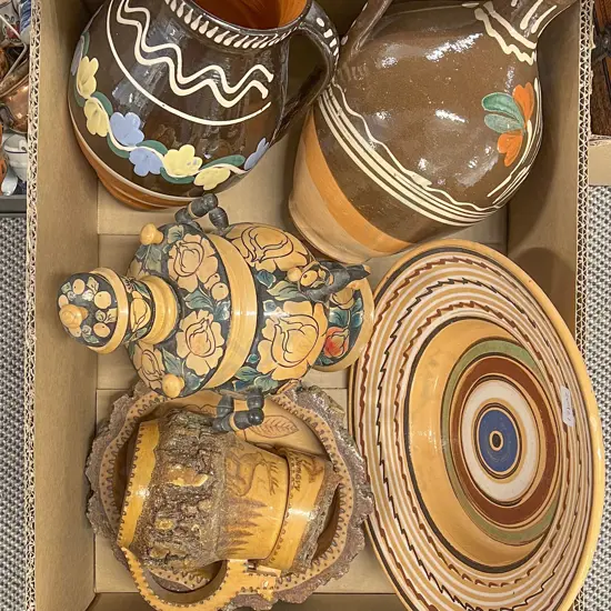 Box of Various Patterned Wooden and Ceramic Plates and Vases