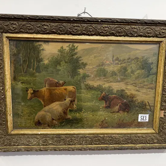 Gilt Framed Antique Chromolithograph of Cattle