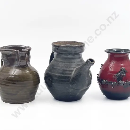 Two Marked Ceramic Vessels with Lava Form Art Glass Vase