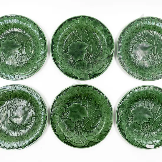 Six Green Glazed Grape Leaf Pattern Plates a/f