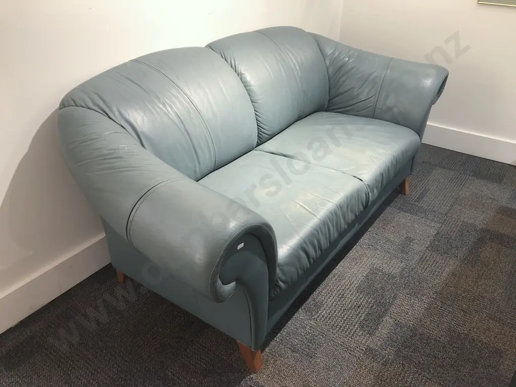 Modern Blue/Green Leather Roll Arm Two Seater Sofa Image 1++