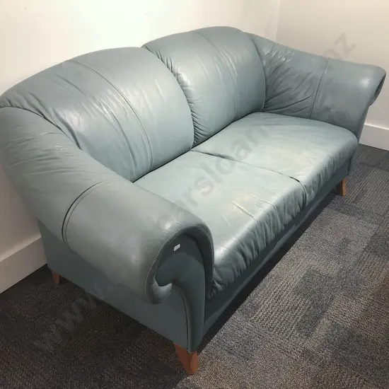 Modern Blue/Green Leather Roll Arm Two Seater Sofa