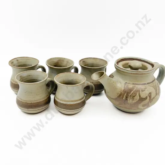 Pottery Tea Pot Together with Five Mugs