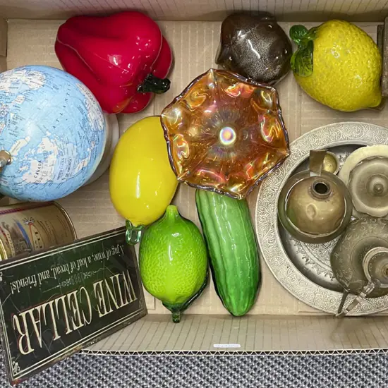 Box of Assorted Including Brassware and Art Glass Fruit etc