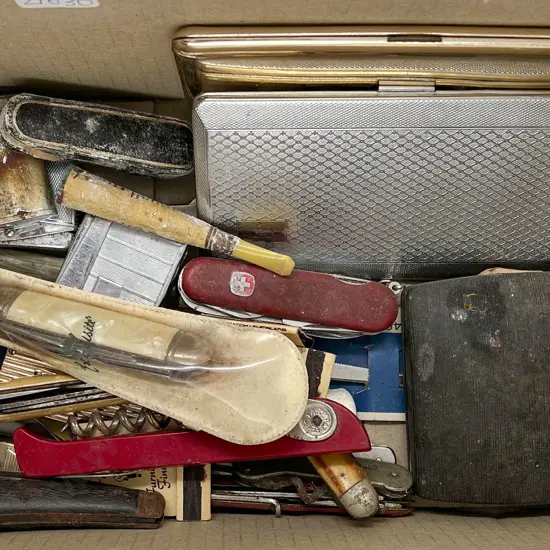 Small Box of Assorted Including Pocket Knives and Lighters Together with Cig Cases