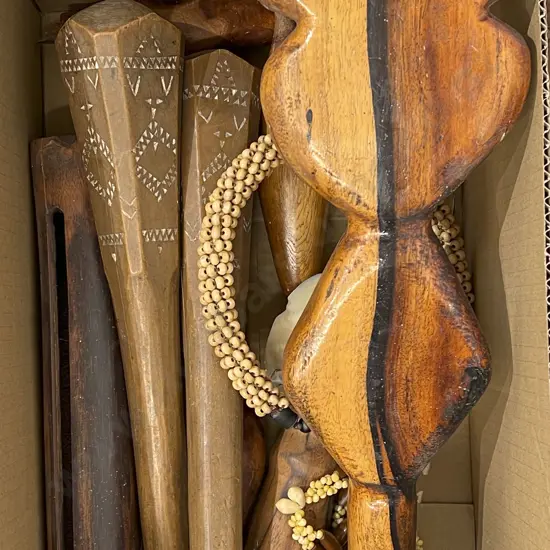 Box of Assorted Tribal Woodware etc