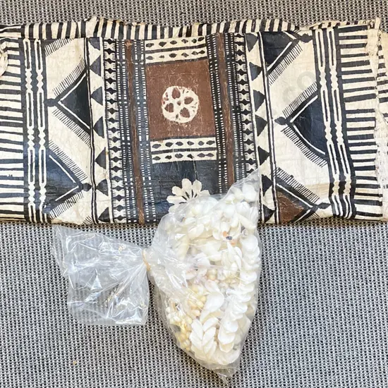 Bag of Assorted Shells Together with Tapa Cloth