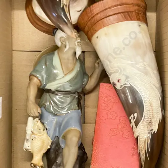 Box of Assorted Asian Ornaments Including Horn Art