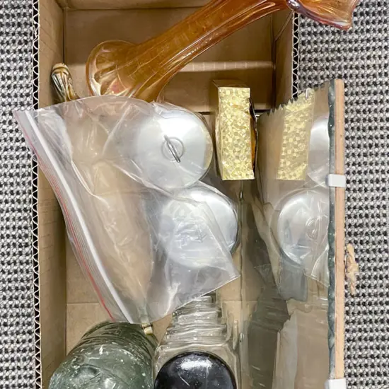 Box of Assorted Vintage Including Bottles etc