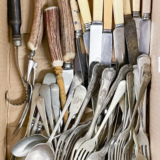 Box of Assorted Cutlery Together with Horn Handled Carving Set