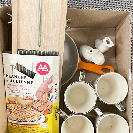 Small Box of Assorted Including LE Creuset Skillet with Two Ceramic Pie Funnels