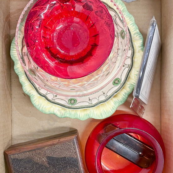 Box of Assorted Including Coloured Glass & China etc