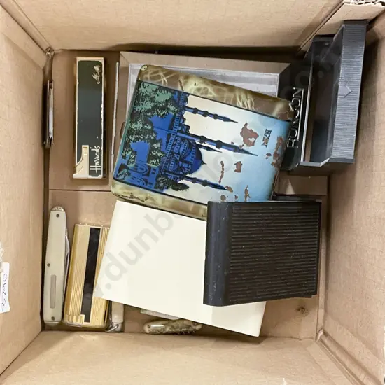 Small Box of Assorted Lighters with Cig Cases and Pocket Knives etc