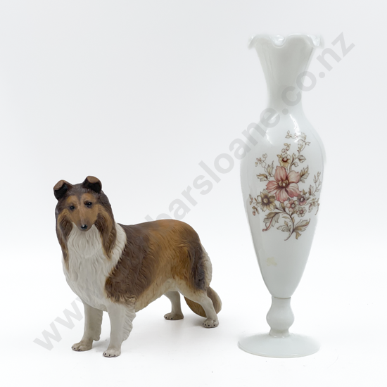 Aynsley Dog Ornament "Rough Collie" Together with Milk Glass Vase