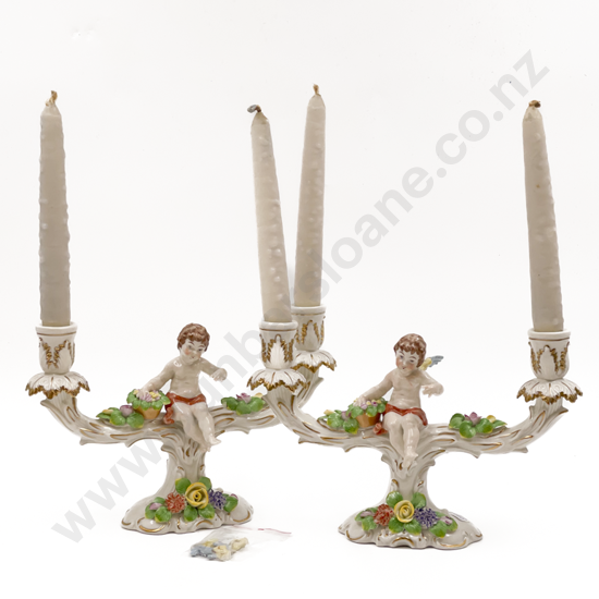 Pair of Dresden Floral and Figural Candleholders (Faults)