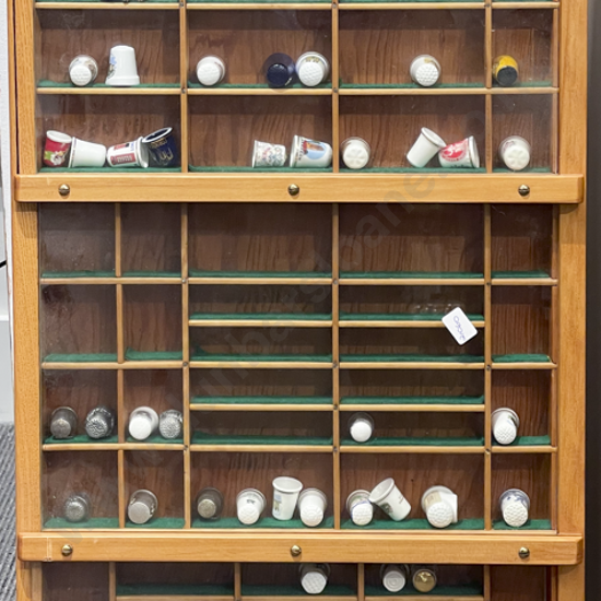 Three Panel Glazed Knick Knack Cabinet with Assorted Thimbles