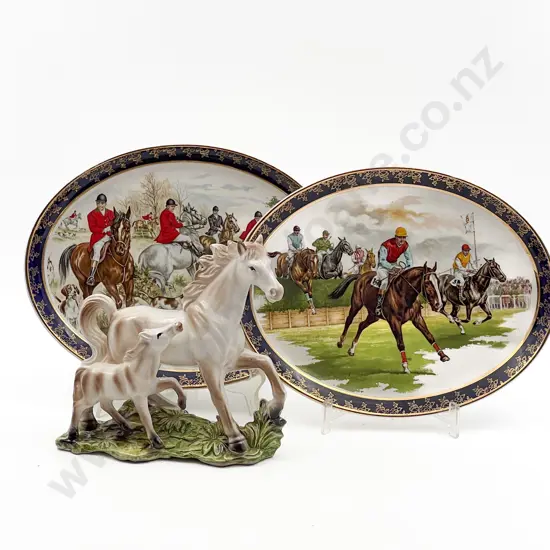 Two Royal Falcon Decorative Oval Plates and Horse Figure Group