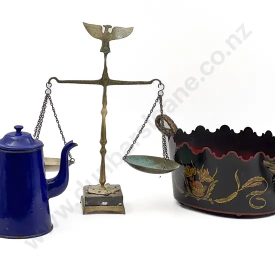 Enamelled Teapot Together with Scales etc