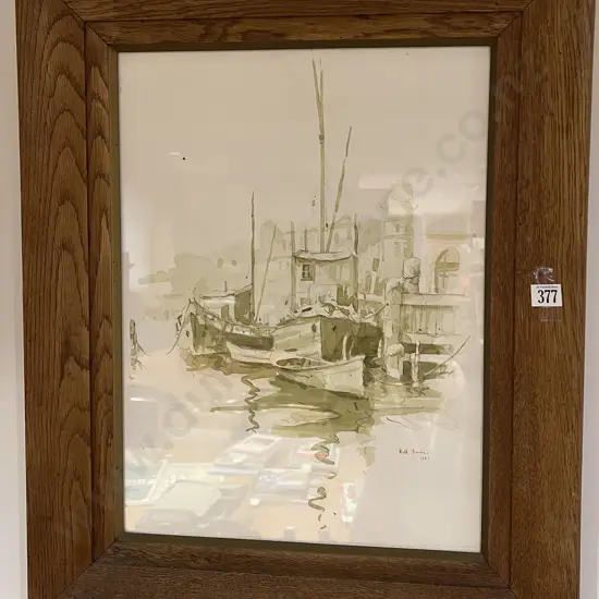 Bill Burke - Ship Docking Scene - W/C on Paper