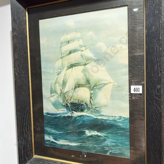 Reproduction Print of Sailing Ship in Oak Frame